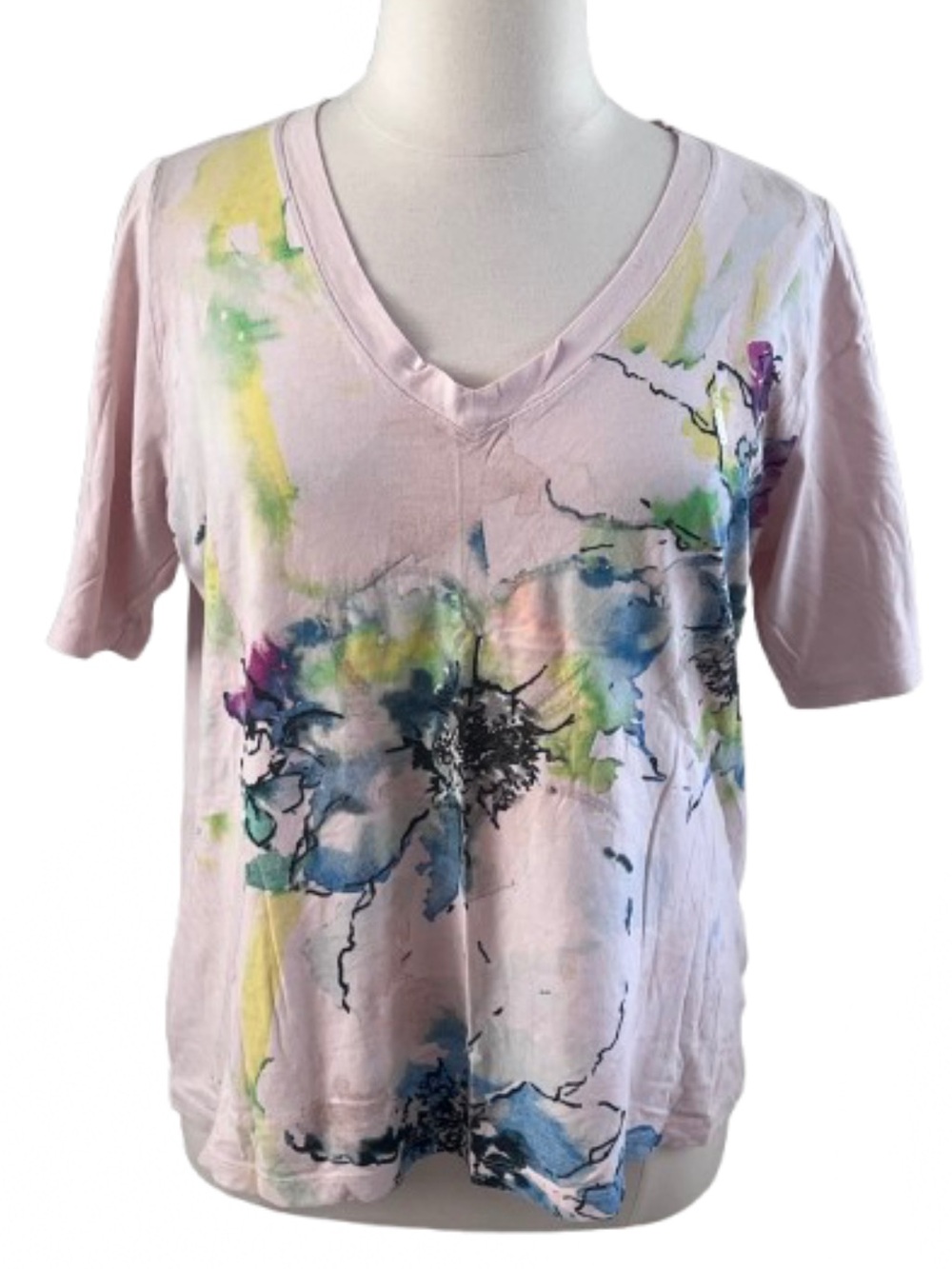Light Pink V-Neck Tee with Watercolor Floral Print